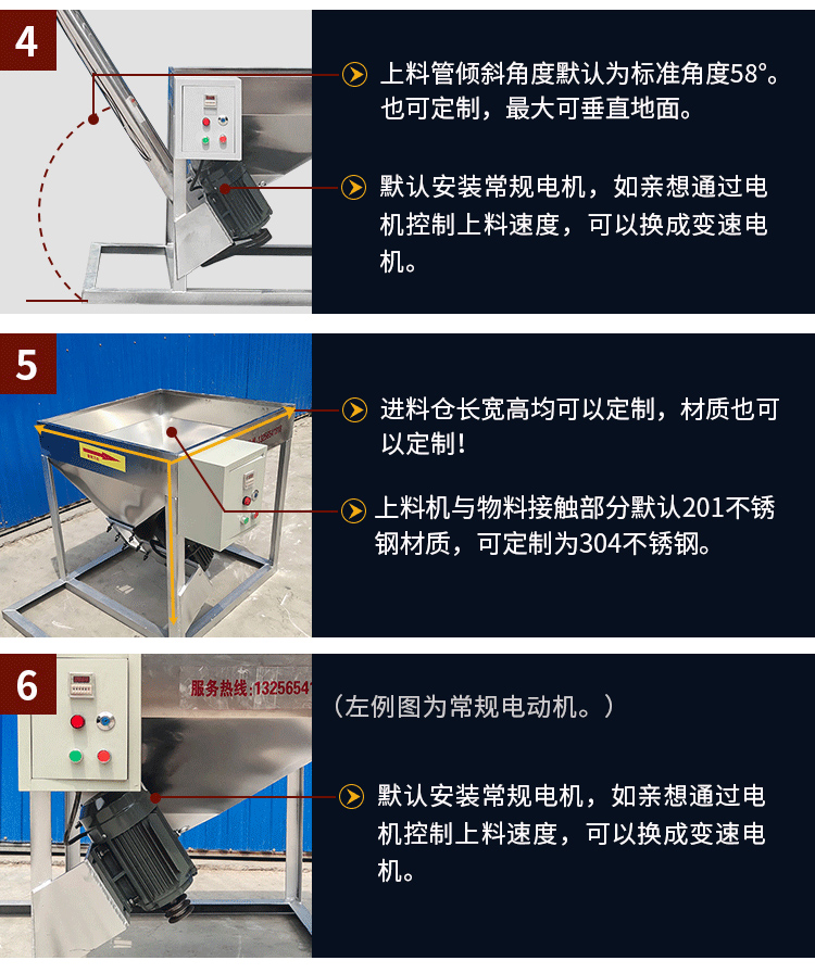 不銹鋼螺旋輸送采用304/316L不銹鋼材質，使用變電機，可滿足客戶的多樣化需求